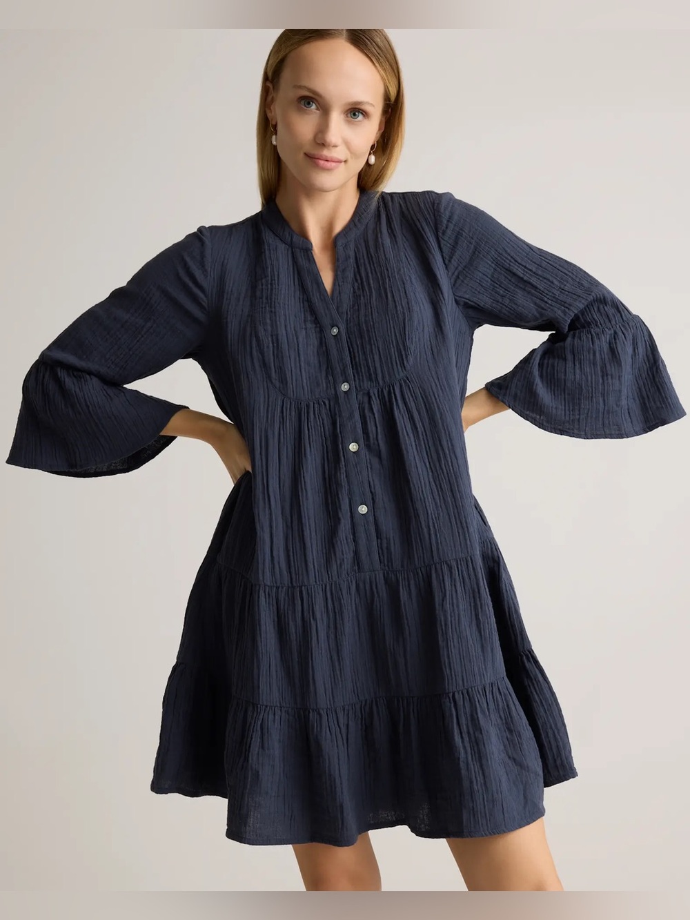 Quince Organic Cotton Gauze Tiered Mini Dress Indigo Blue Long Sleeve S